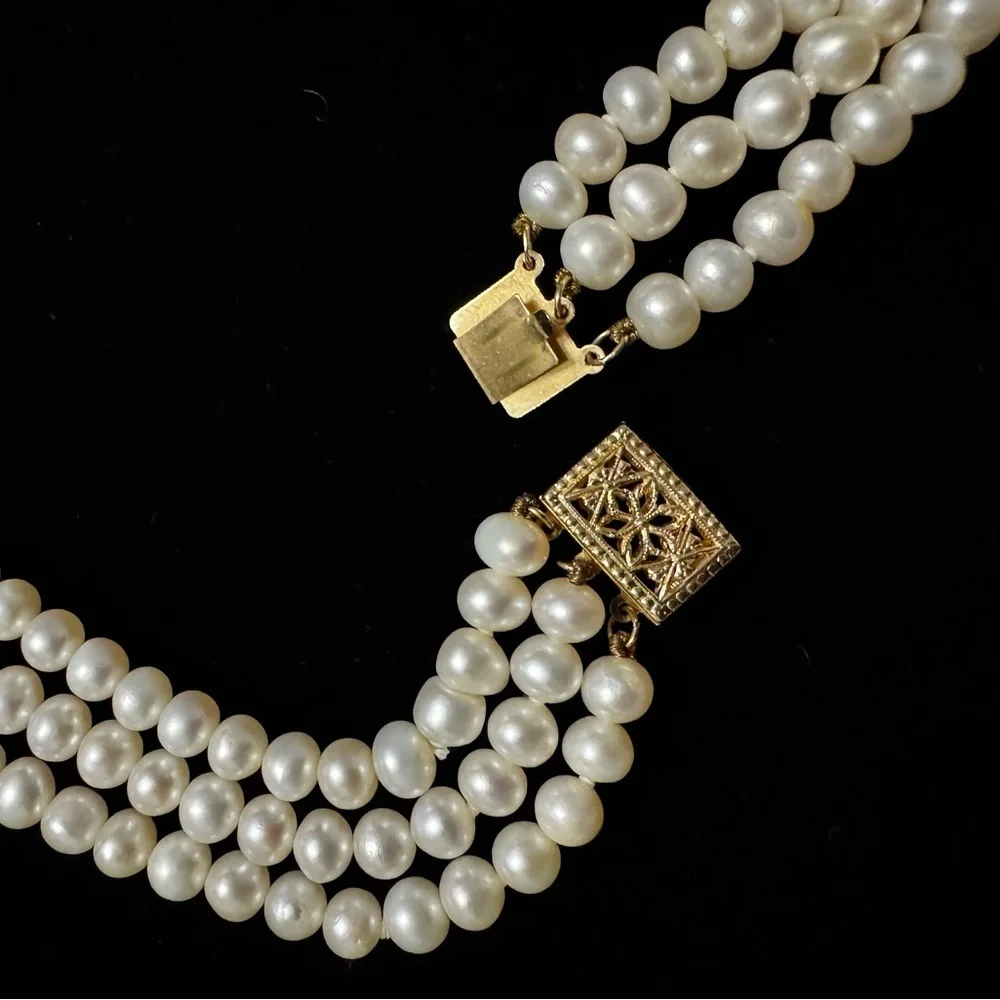 14k Yellow Gold 3 Strand Freshwater Pearl Estate Heirloom Necklace - Picture 6 of 9